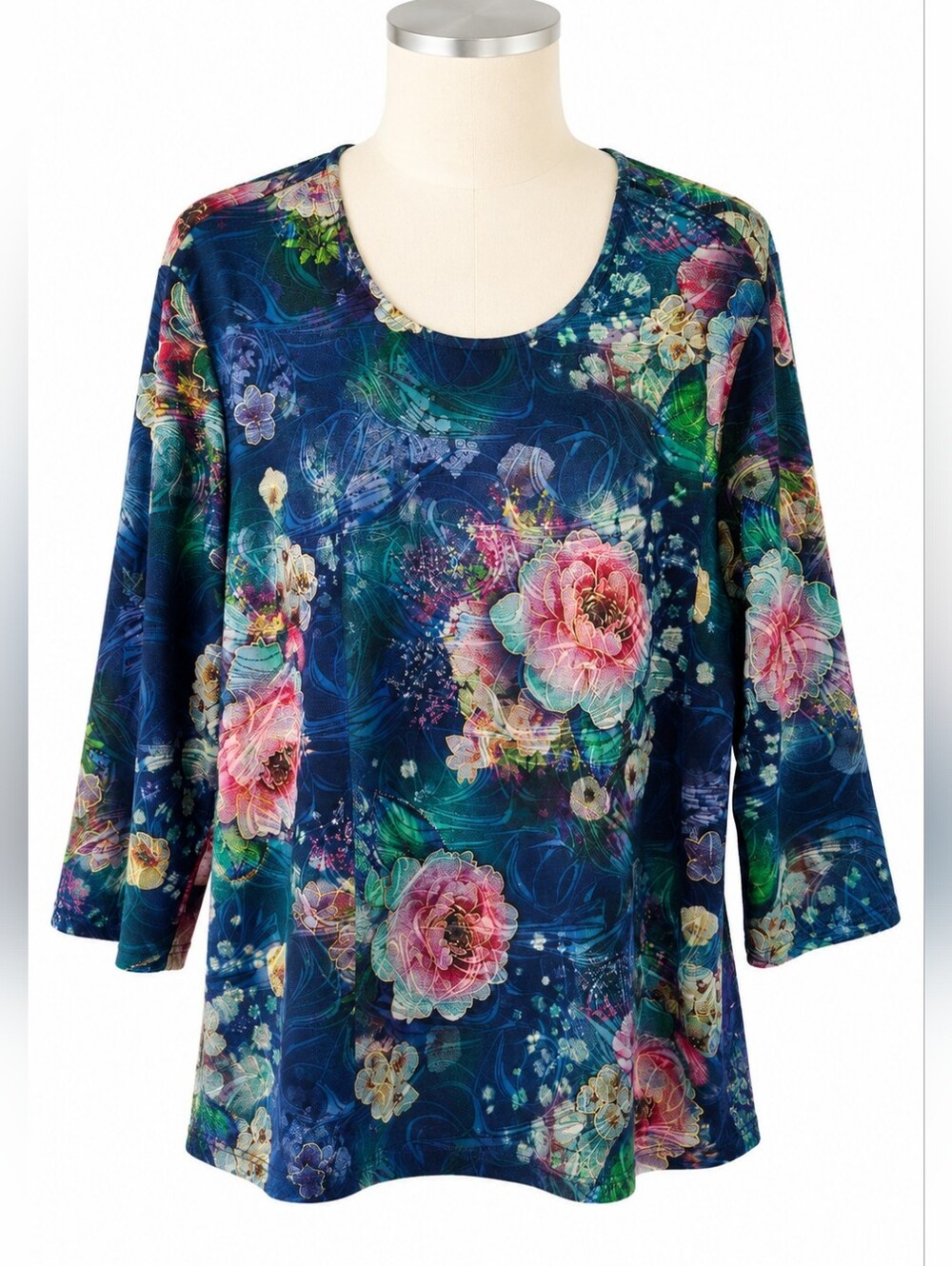 Serengeti Foil Embellished Dark Floral Tunic Top Sz 2x Party Event Travel Grunge